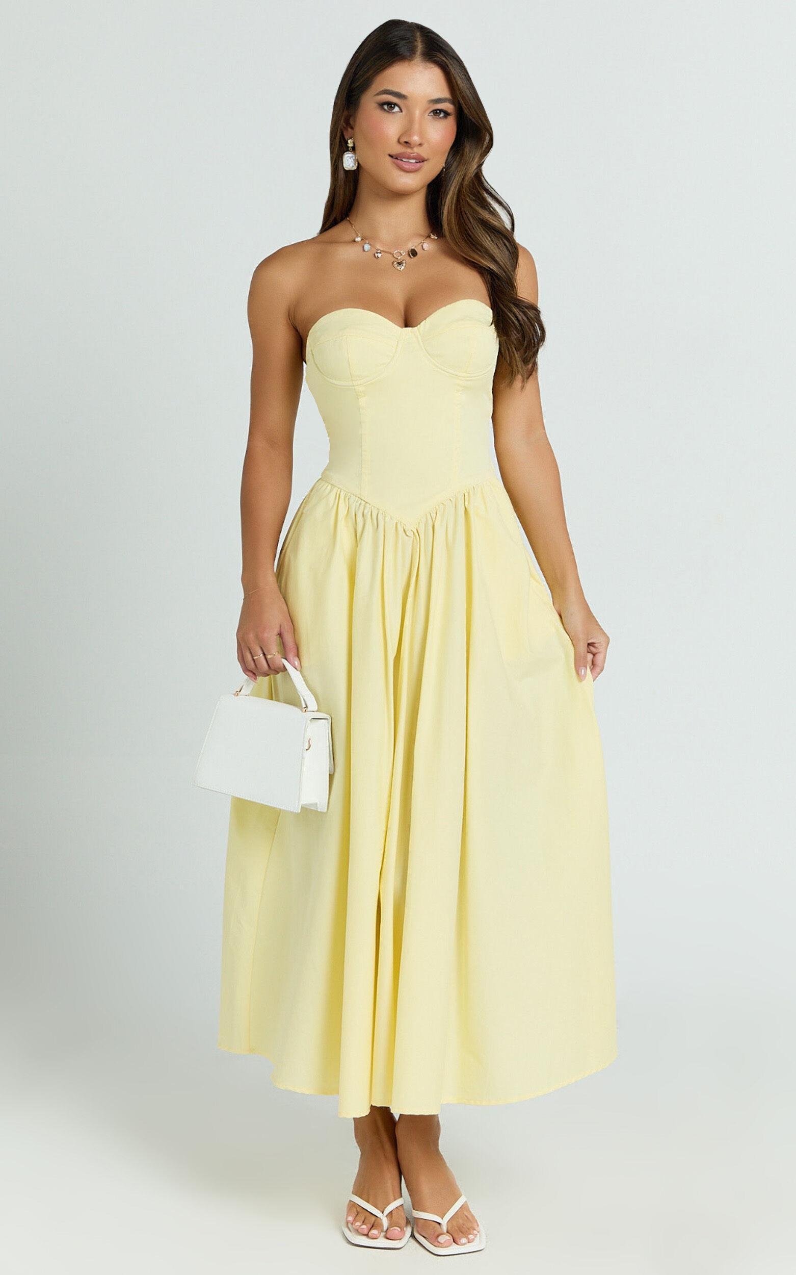 Daria Midi Dress - Strapless Corset Gathered Dress in Lemon Product Image