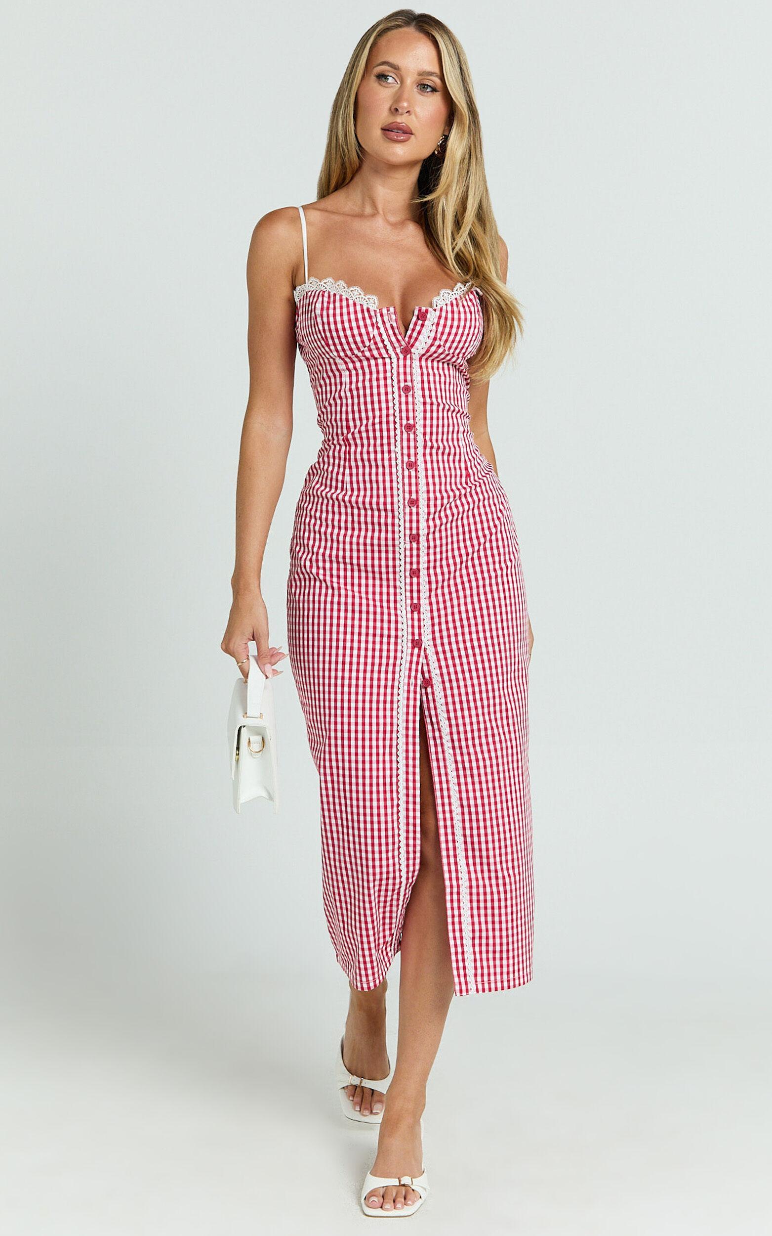 Anessa Midi Dress - Button Front Bustier Fitted Dress in Red Gingham Product Image
