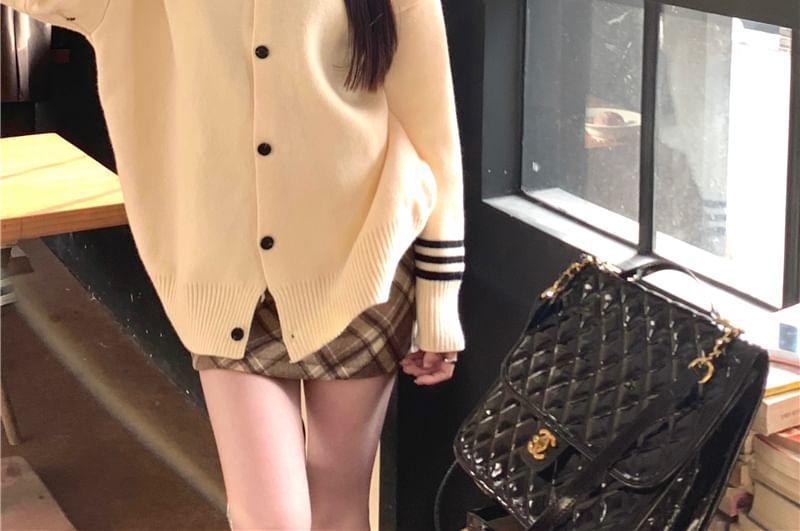 V-Neck Embroidered Striped Trim Button-Up Cardigan Product Image