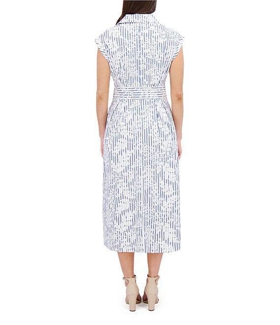 Kensie Embroidered Woven Stripe Print Point Collar Neck Short Sleeve Shirt Midi Dress Product Image
