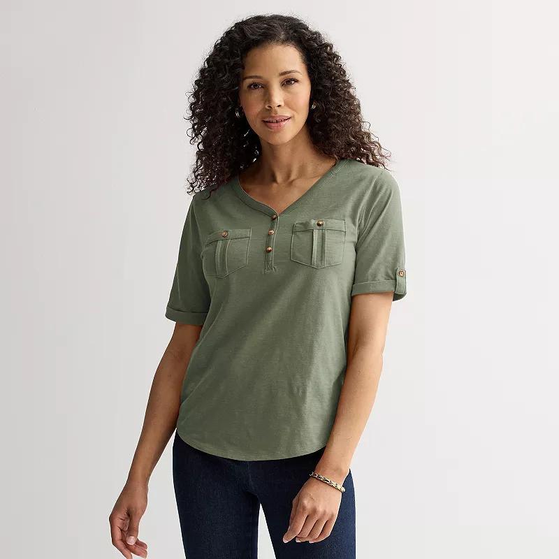 Women's Croft & Barrow® Elbow Sleeve Utility Henley Top, Size: XXL, Barefoot Beach Product Image