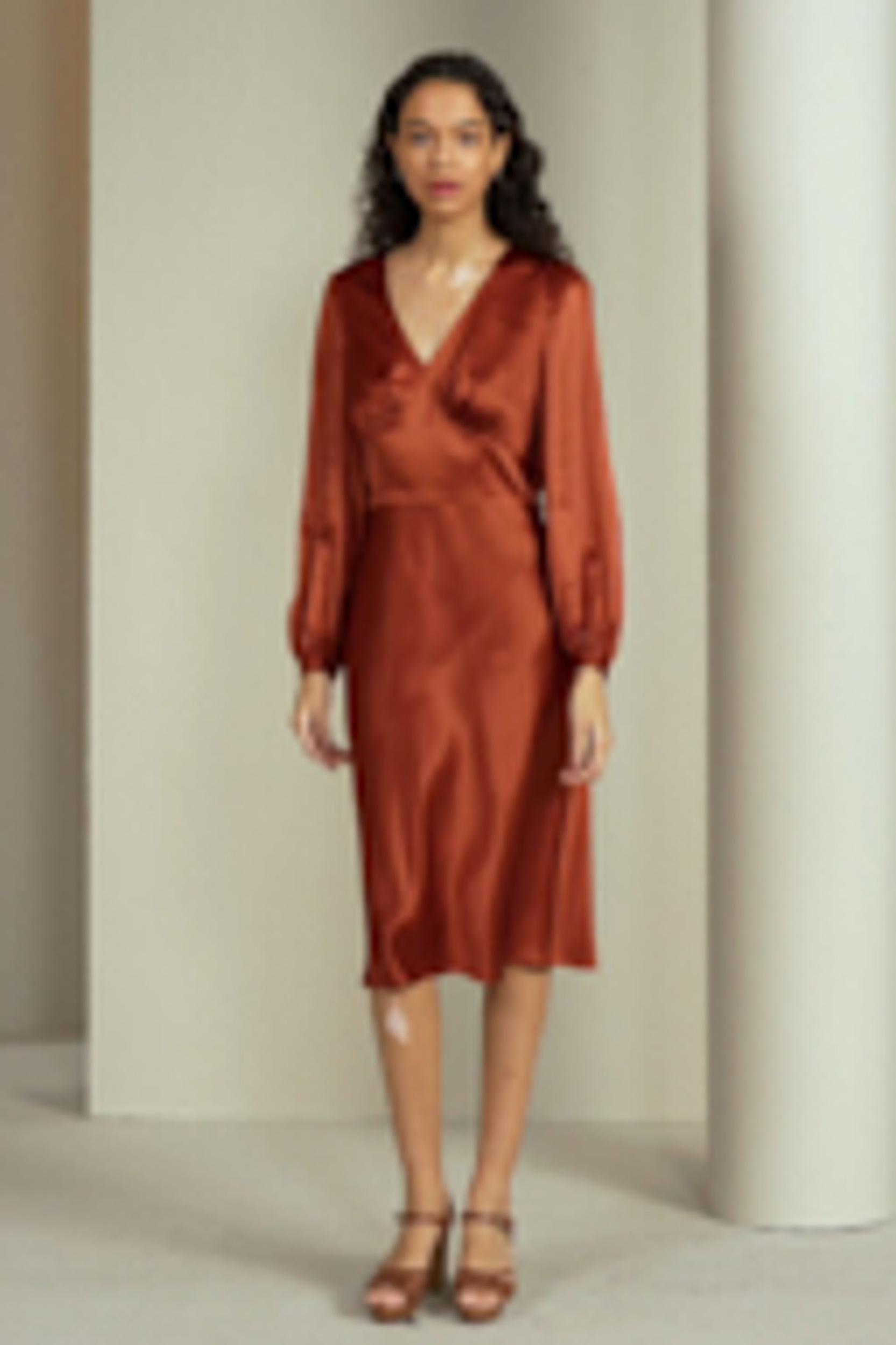 V-Neck Silk Waisted Dress Product Image