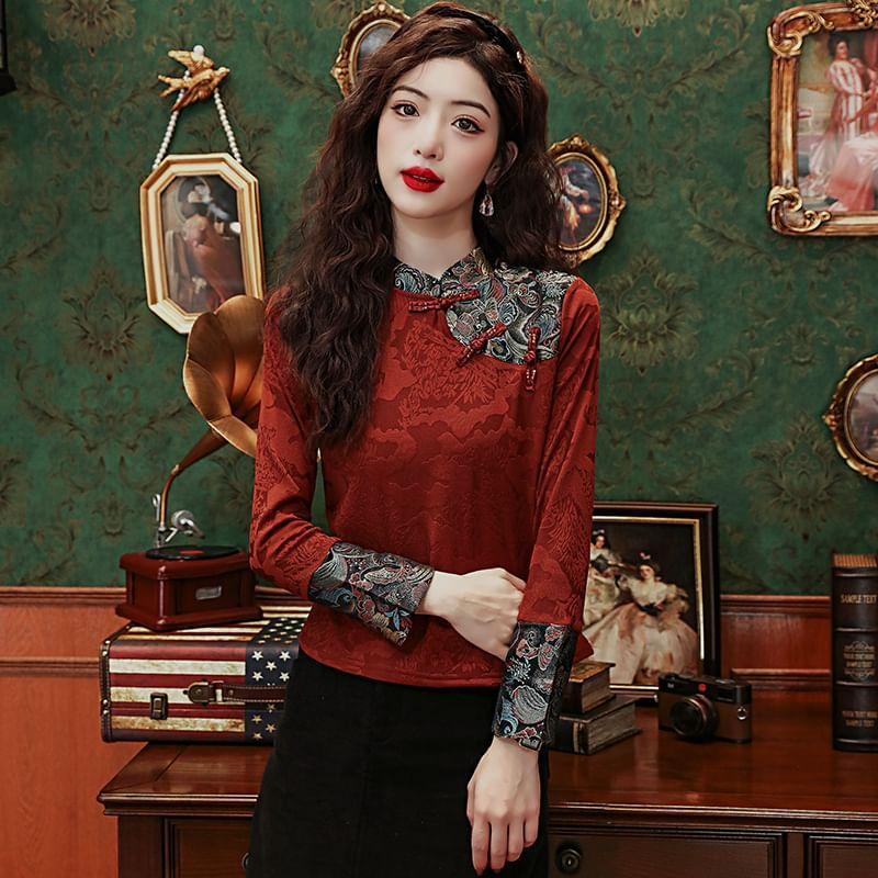 Long-Sleeve Mandarin Collar Patterned Panel Jacquard Blouse Product Image