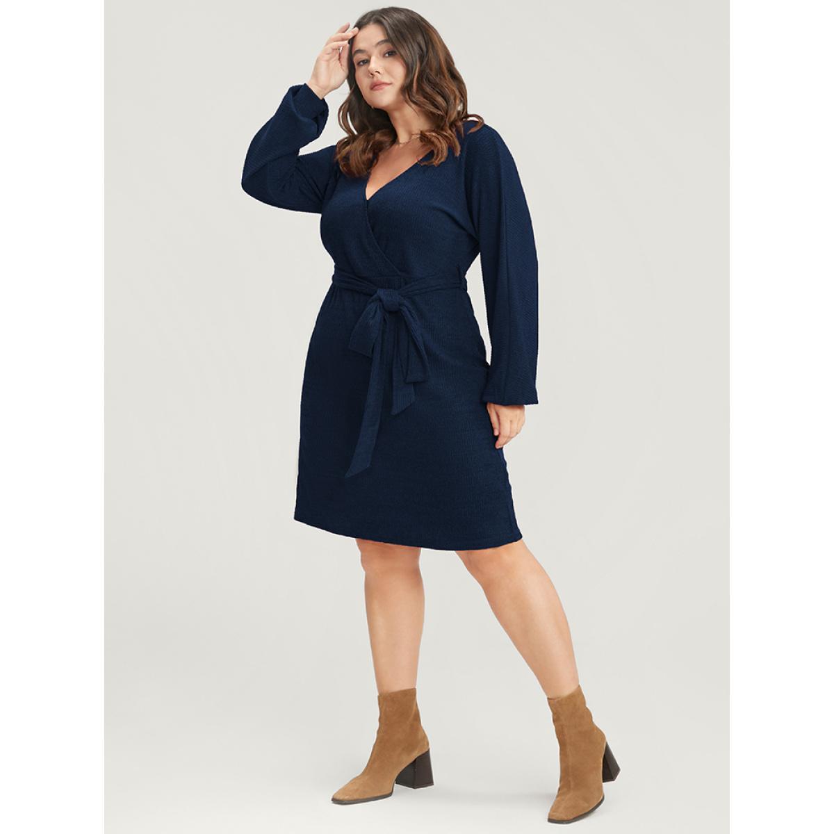 Plus Size Solid Surplice Neck Belted Knit Dress Navy Women Glamour Cross straps V-neck Long Sleeve Curvy Knee Dress BloomChic 10/M Product Image