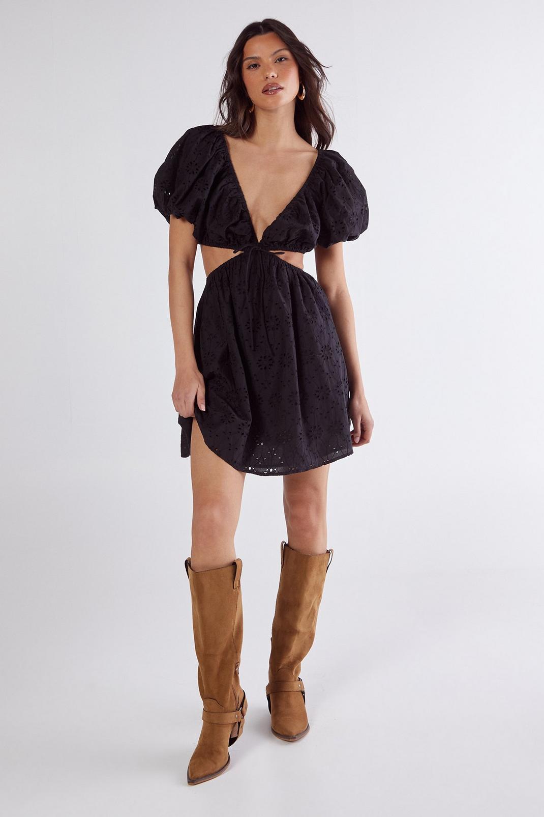 Broderie Cut Out Tie Front Puff Sleeve Skater Dress Product Image