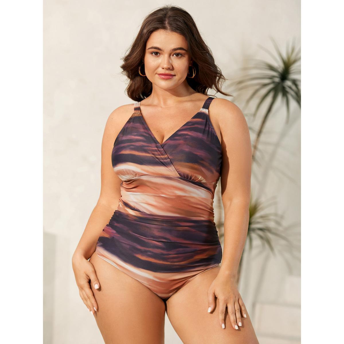 Plus Size Two-Piece Ombre Gradient Surplice Swimsuit, Sarong Women's Swimwear Multicolor Beach Pleated Curve Bathing Suits High stretch One Pieces BloomChic 10/M Product Image