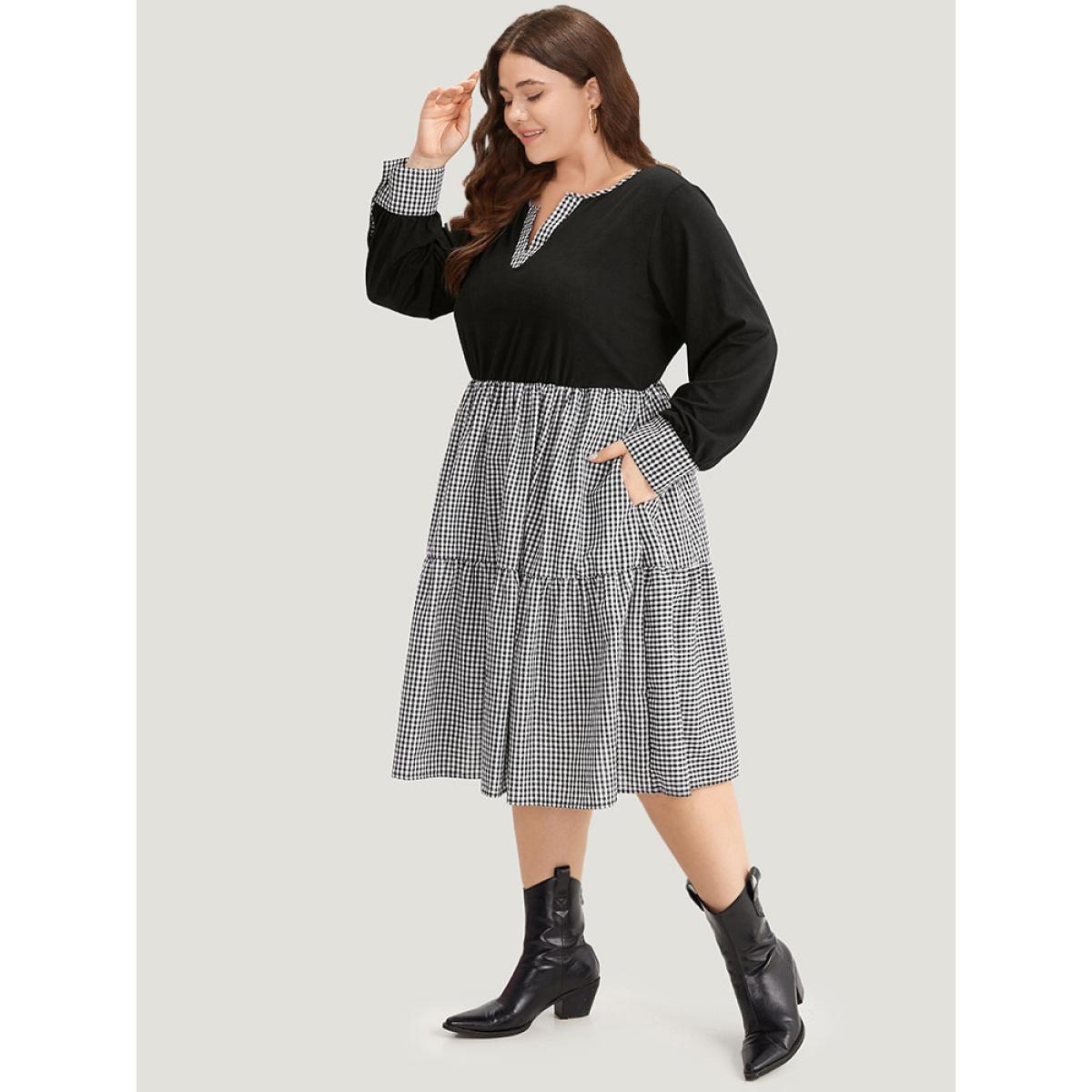 Plus Size Notched Drawstring Gingham Patchwor Dress Black Women Casual Patchwork Notched collar Long Sleeve Curvy Midi Dress BloomChic 22-24/3X Product Image