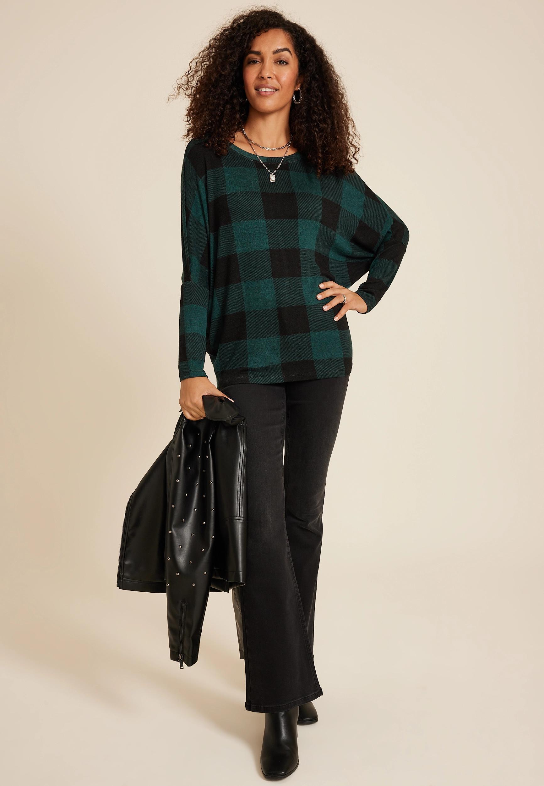 Maurices Womens X Small Size 24/7 Dakota Plaid Long Sleeve Dolman Top Green Product Image