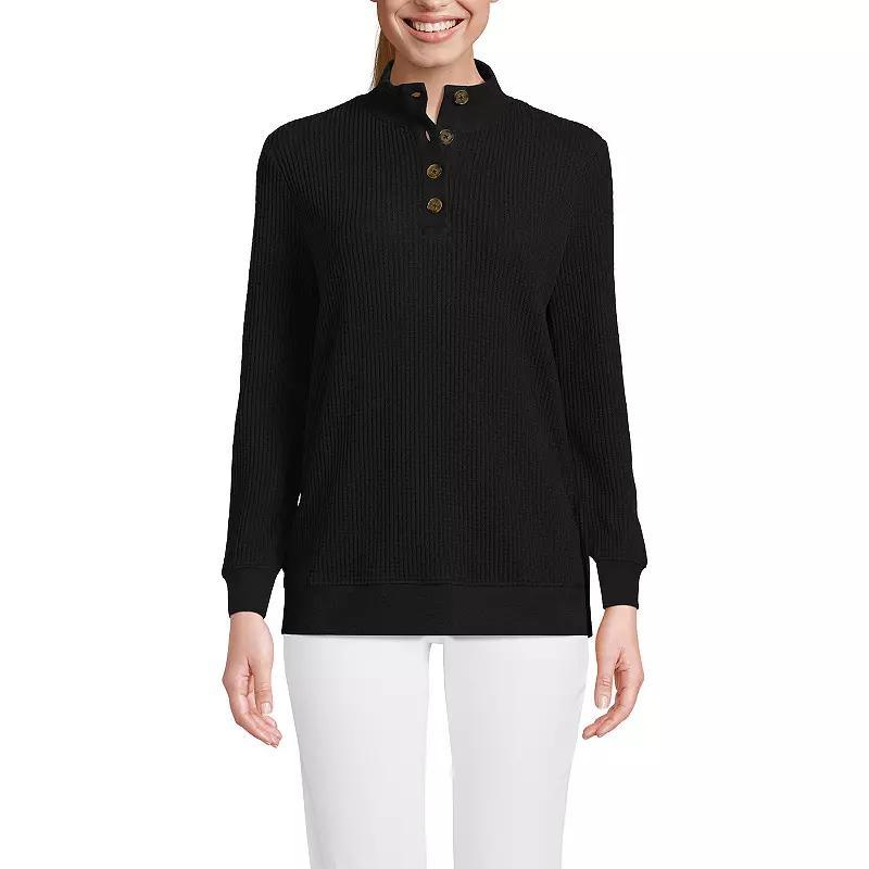 Women's Lands' End Long-Sleeve Waffle Knit Button Placket Top, Size: Large, Ivory Product Image