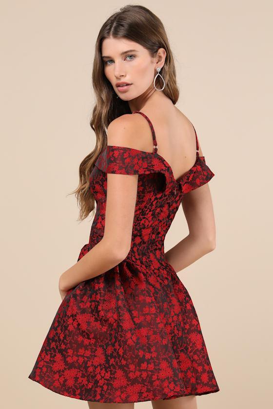 Flirty Enticement Red Jacquard Off-the-Shoulder Mini Dress Product Image