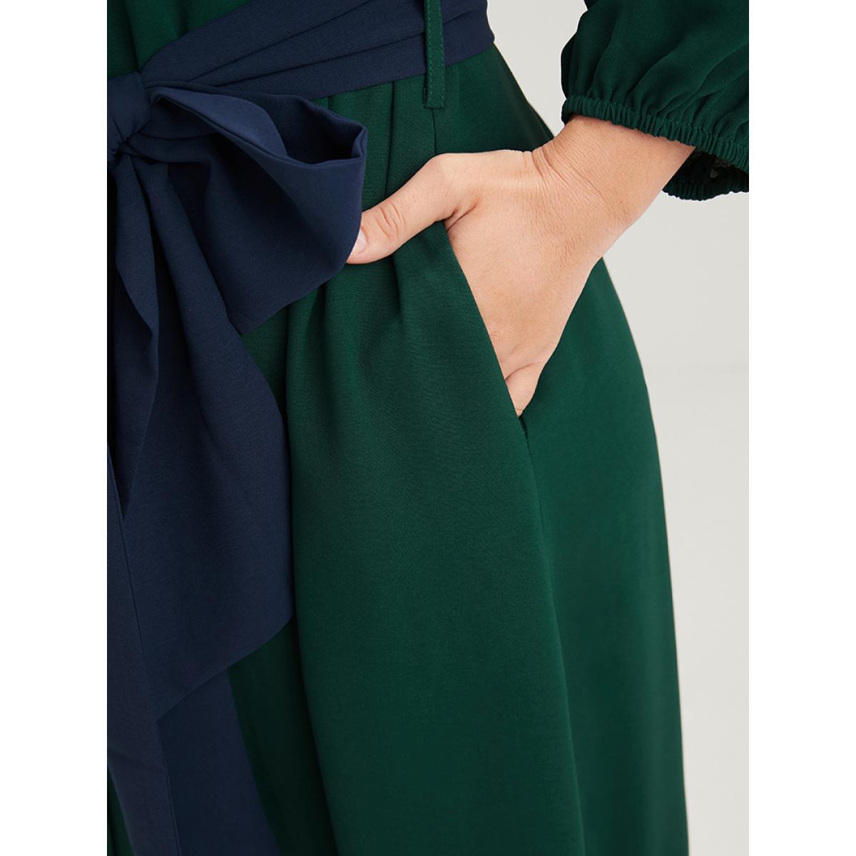 Plus Size Solid Lantern Sleeve Pocket Button Flutter Hem Contrast Belted Dress Green Women Casual Belted V-neck Elbow-length sleeve Curvy Long Dress BloomChic 30/6X Product Image