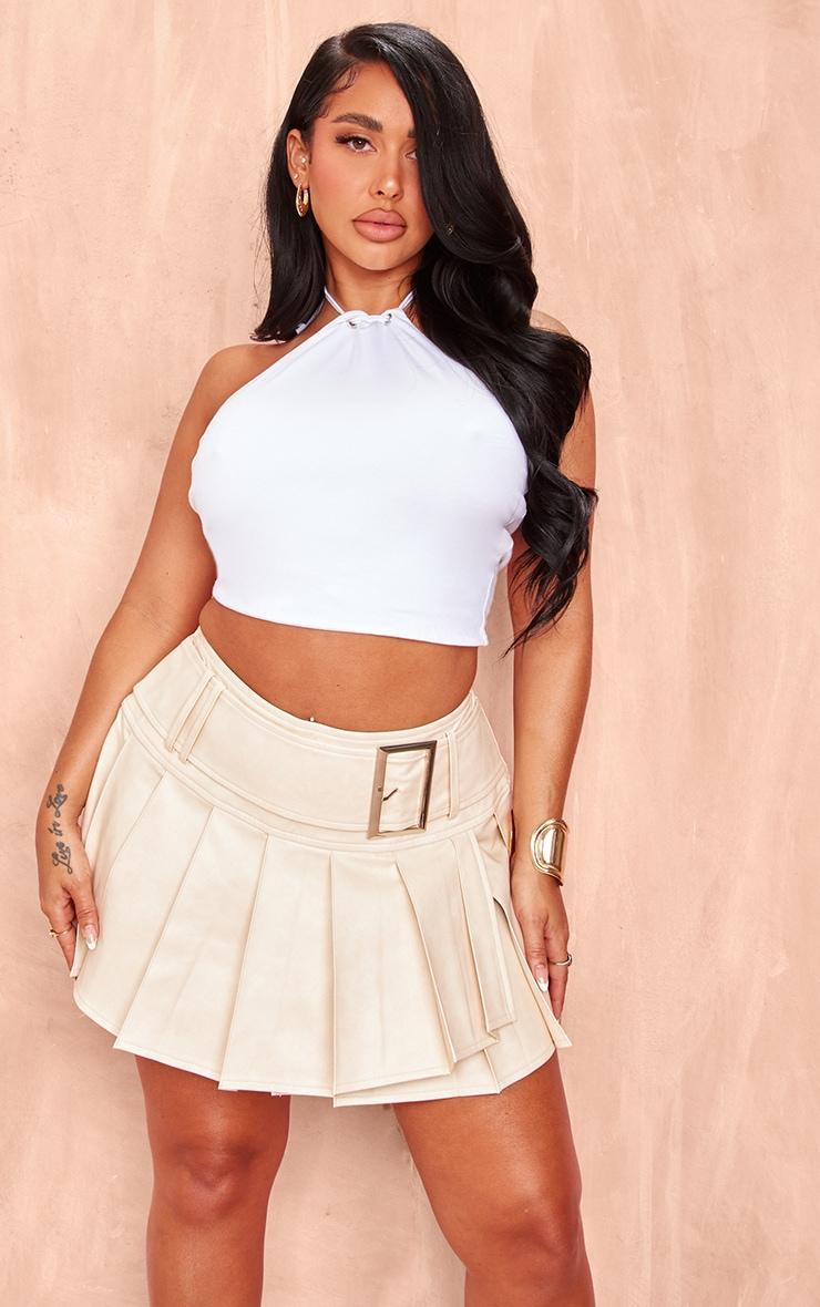 Shape Cream Faux Leather Pleated Belted Micro Mini Skirt Product Image