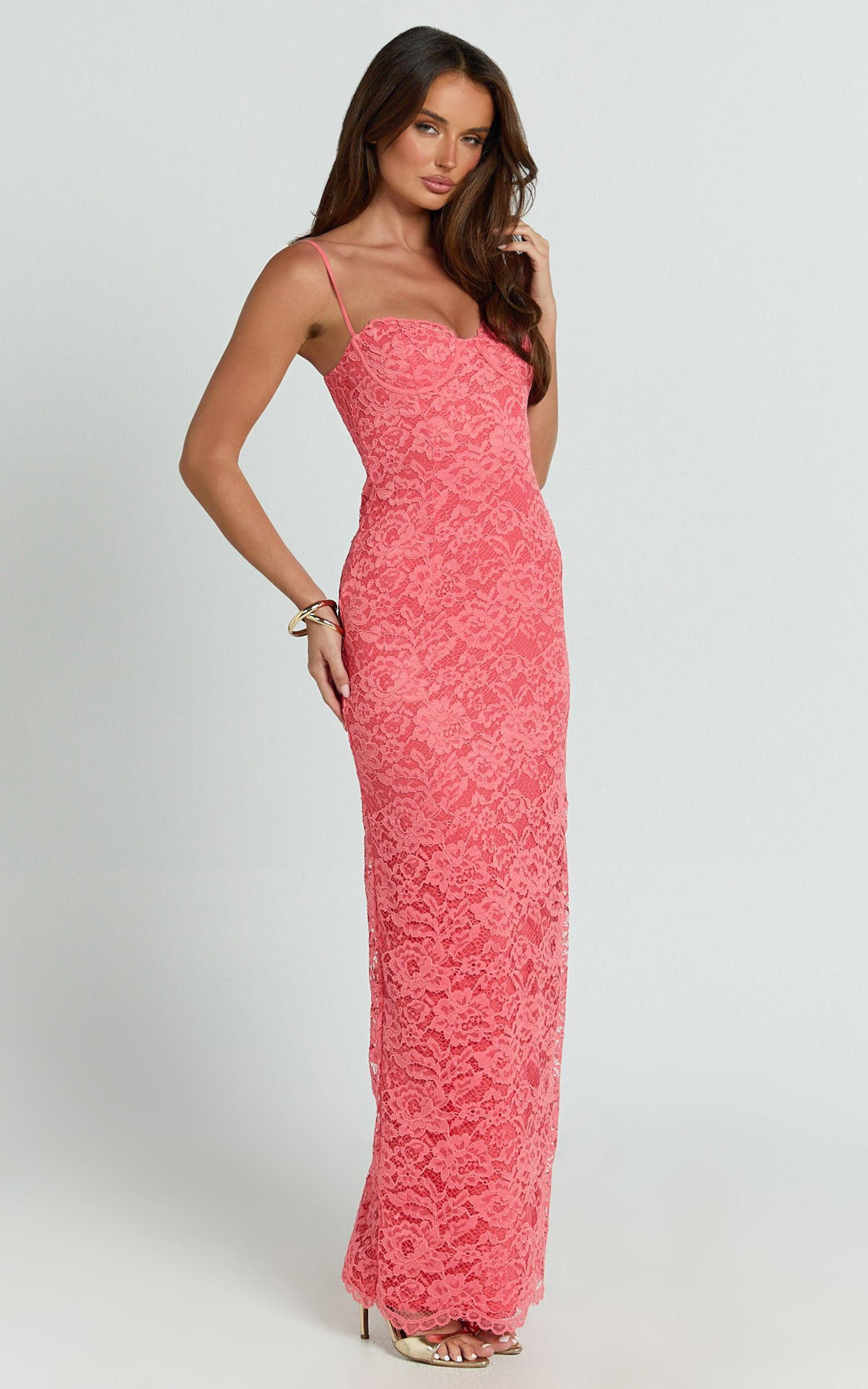 Carli Maxi Dress - Adjustable Strap Corset Bodycon Lace Dress in Watermelon Product Image