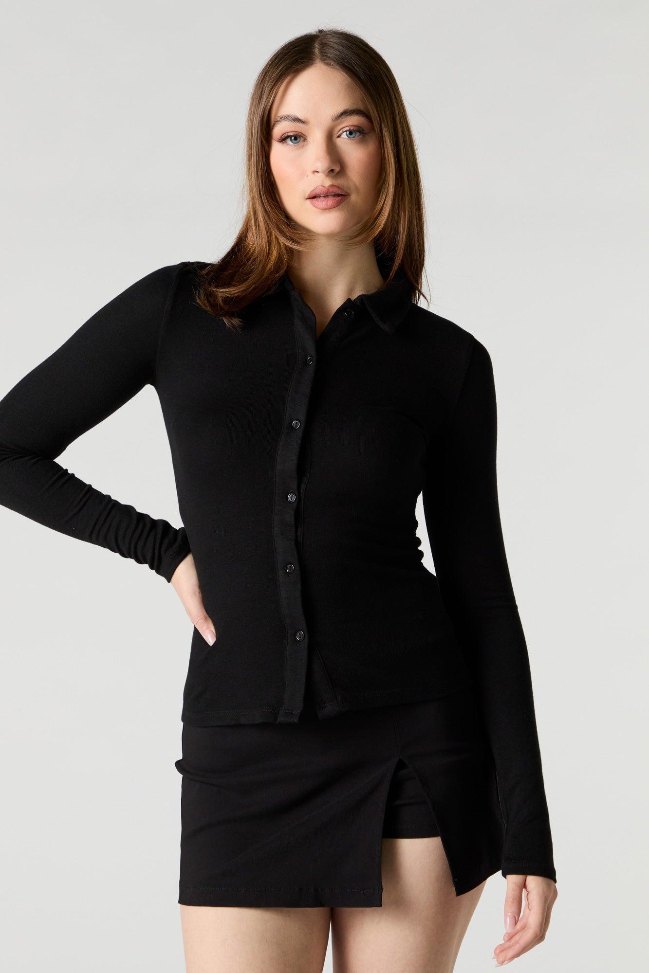 Ribbed Button-Up Front Collared Top Female Product Image