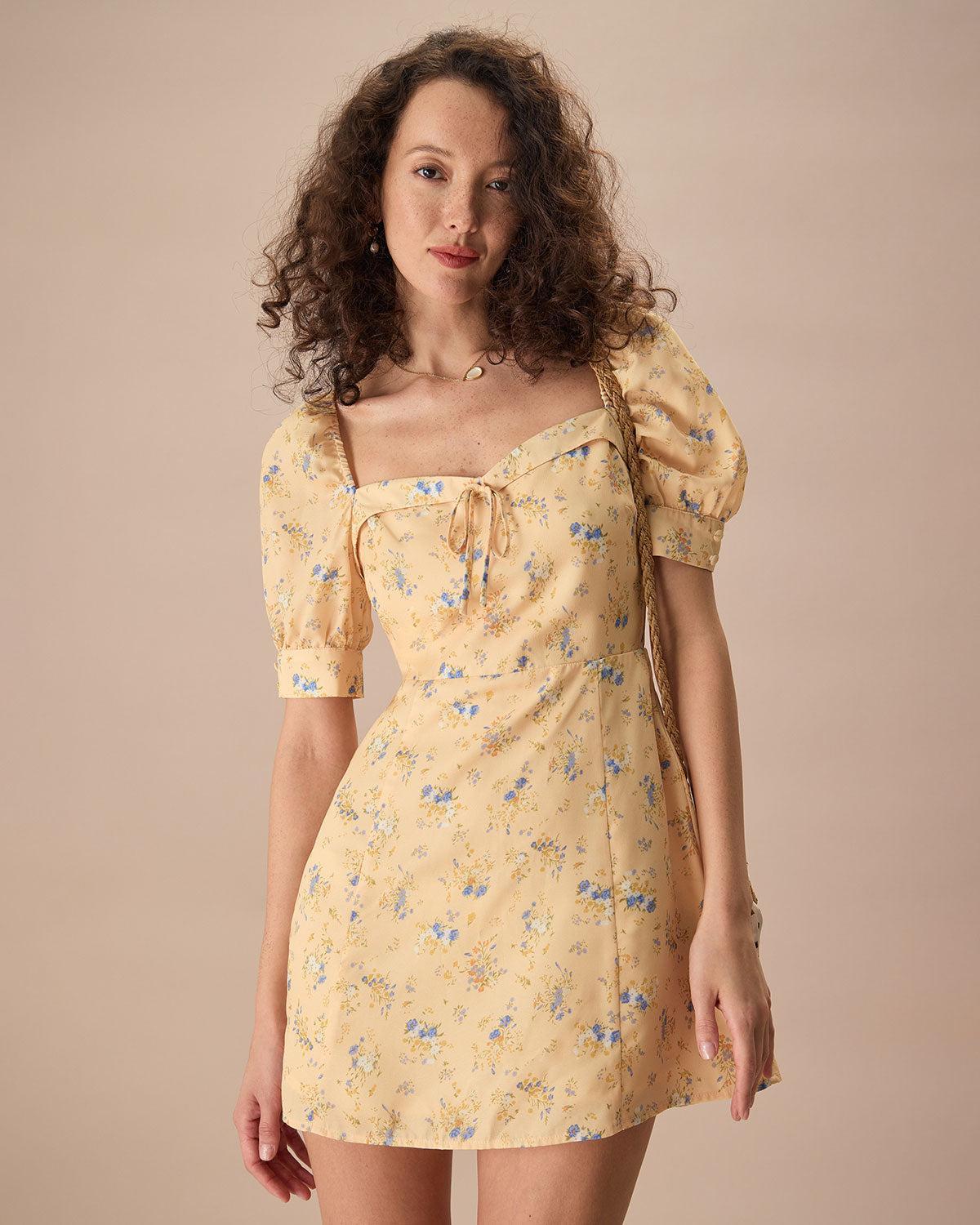 The Yellow Sweetheart Neck Floral Mini Dress Product Image