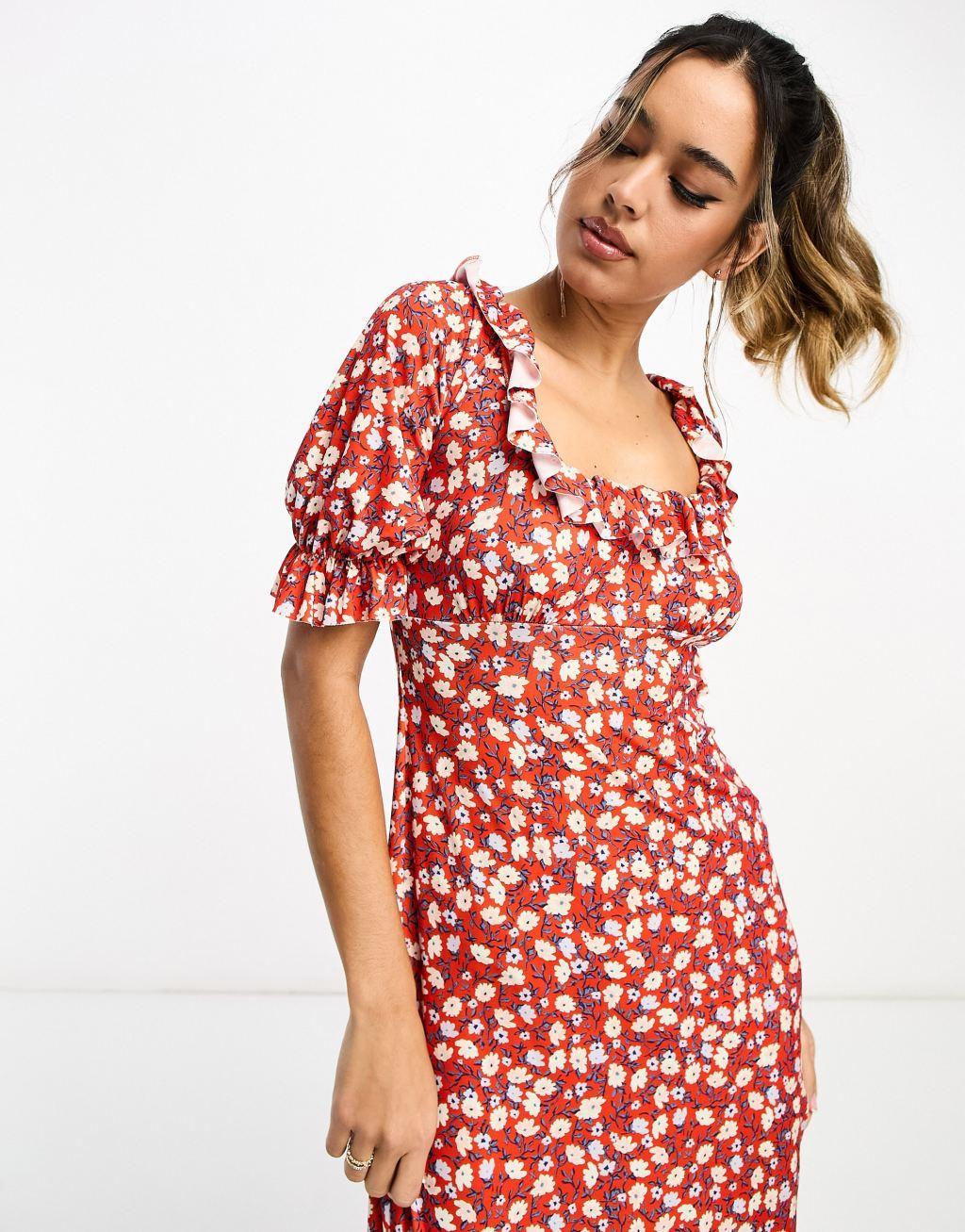 River Island ruffle neck midi tea dress Product Image