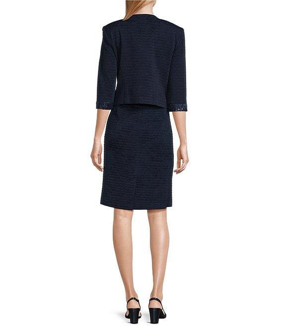 Le Bos Round Neck 3/4 Sleeve Embroidered Mesh Trim Textured 2-Piece Jacket Dress Product Image