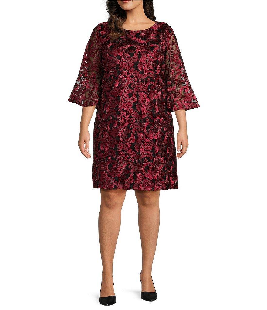 Caroline Rose Plus Size Bella Soiree Embroidered Mesh Lace 3/4 Bell Sleeve Shift Dress Product Image