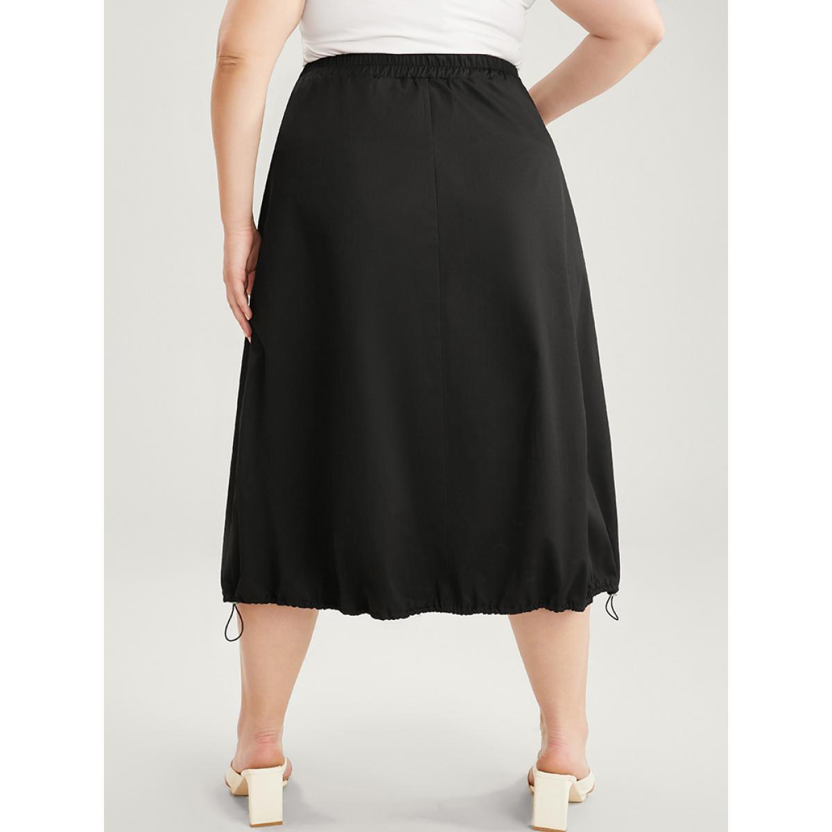 Plus Size Solid Pocket Button Detail Drawstring Hem Skirt Women Black Elegant Drawstring No stretch Pocket Dailywear Skirts BloomChic 26/4X Product Image