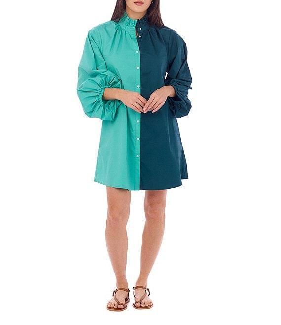 CROSBY by Mollie Burch Olive Colorblock High Ruffle Collar Long Sleeve Button Front Shirt Dress Product Image