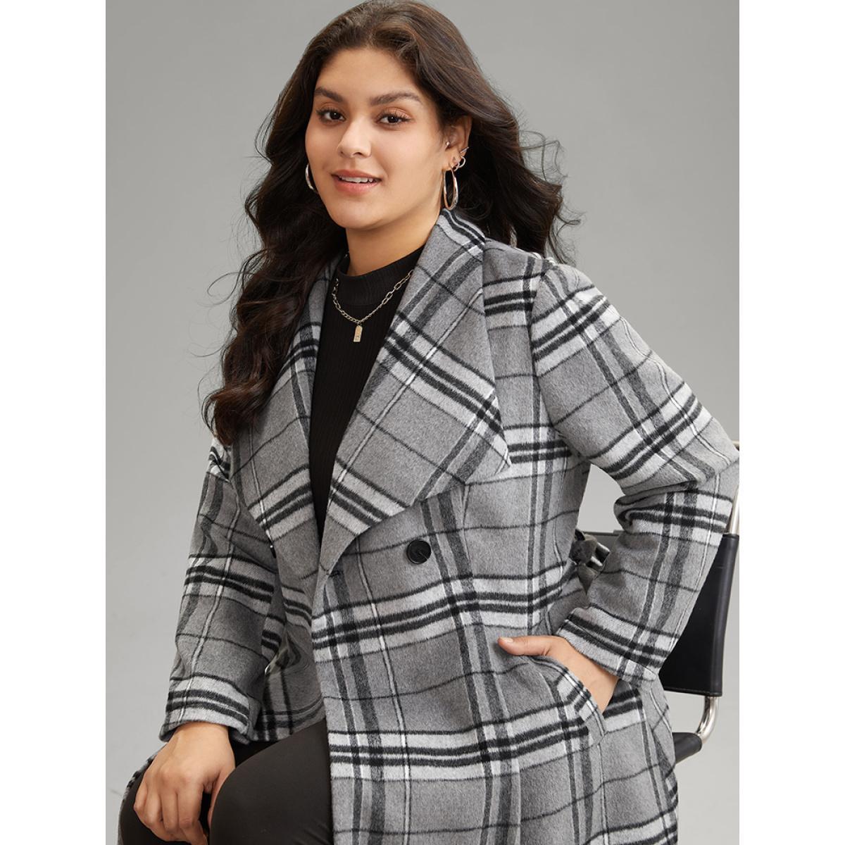 Plus Size Plaid Button Up Pocket Belted Lapel Collar Coat Women Black Casual Lined Ladies Dailywear Winter Coats BloomChic 30/6X Product Image
