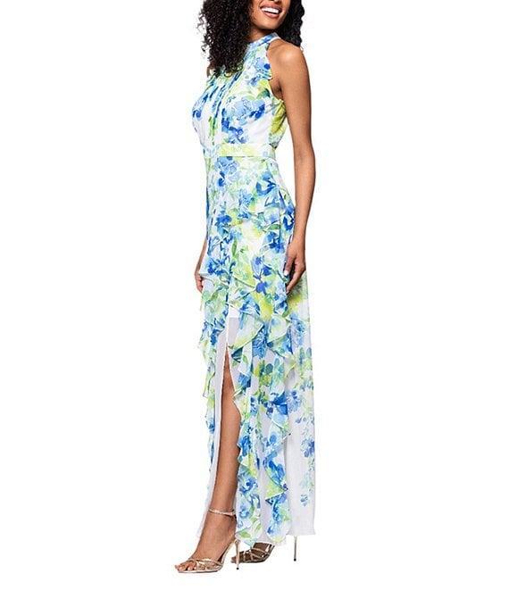 Betsy & Adam Chiffon Floral Print Halter Neck Sleeveless Ruffle Fit and Flare Maxi Dress Product Image