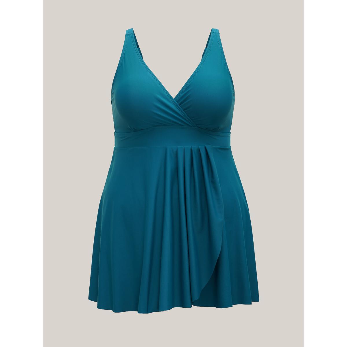 Plus Size Curvy Hem Fit Flare Swim Dress Women's Swimwear Teal Beach Bodycon Heart neckline High stretch Curve Swim Dresses BloomChic 10/M Product Image
