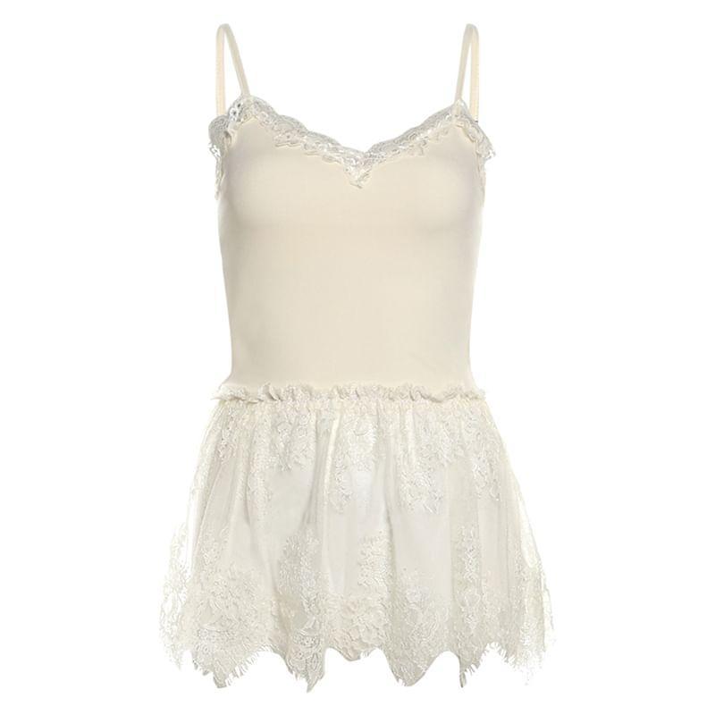 One-Shoulder Plain Ribbed Sweater / Lace Trim Camisole Top Product Image