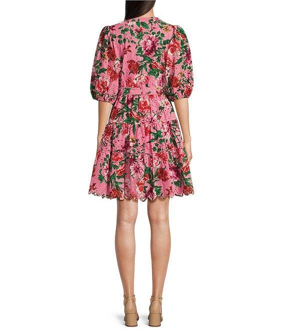 Gibson & Latimer Floral Eyelet Split Neck Elbow Puff Sleeve Button Front Scallop Hem Dress Product Image
