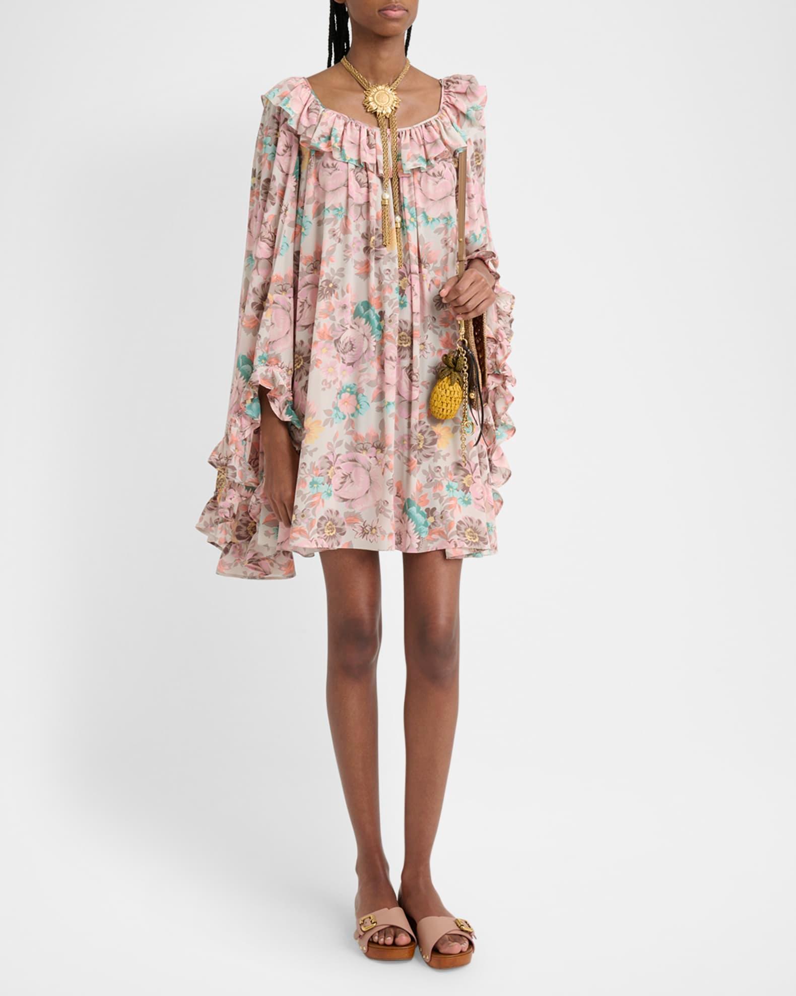 Ruffle-Trim Silk Mini Shift Dress Product Image