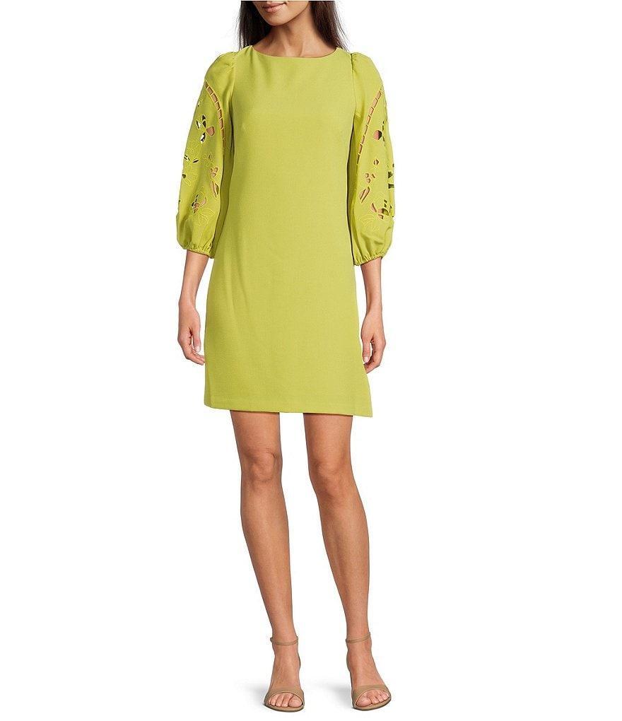 Vince Camuto Boat Neck 3/4 Laser-Cut Puff Sleeve Stretch Crepe Sheath Dress Product Image