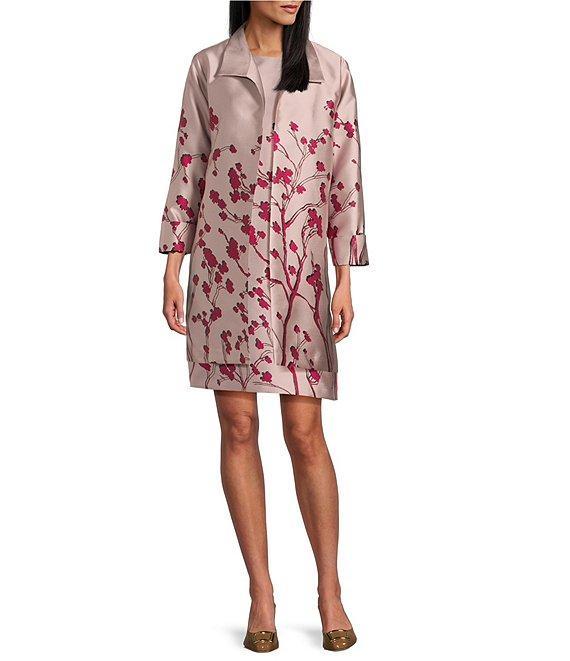 Caroline Rose Cherry Blossom Print Satin Jacquard Notch Collar 3/4 Sleeve Open-Front Statement Jacket Product Image