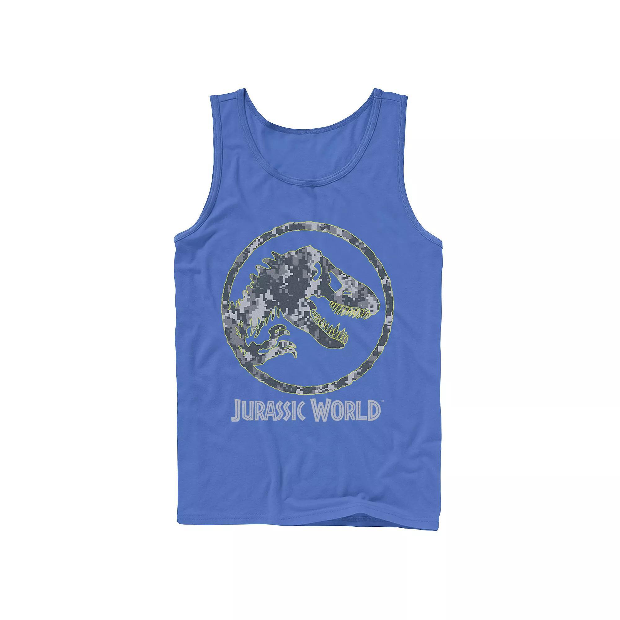 Men's Jurassic World Camouflage Yellow Outline Fossil Coin Logo Tank Top, Size: Large, White Product Image