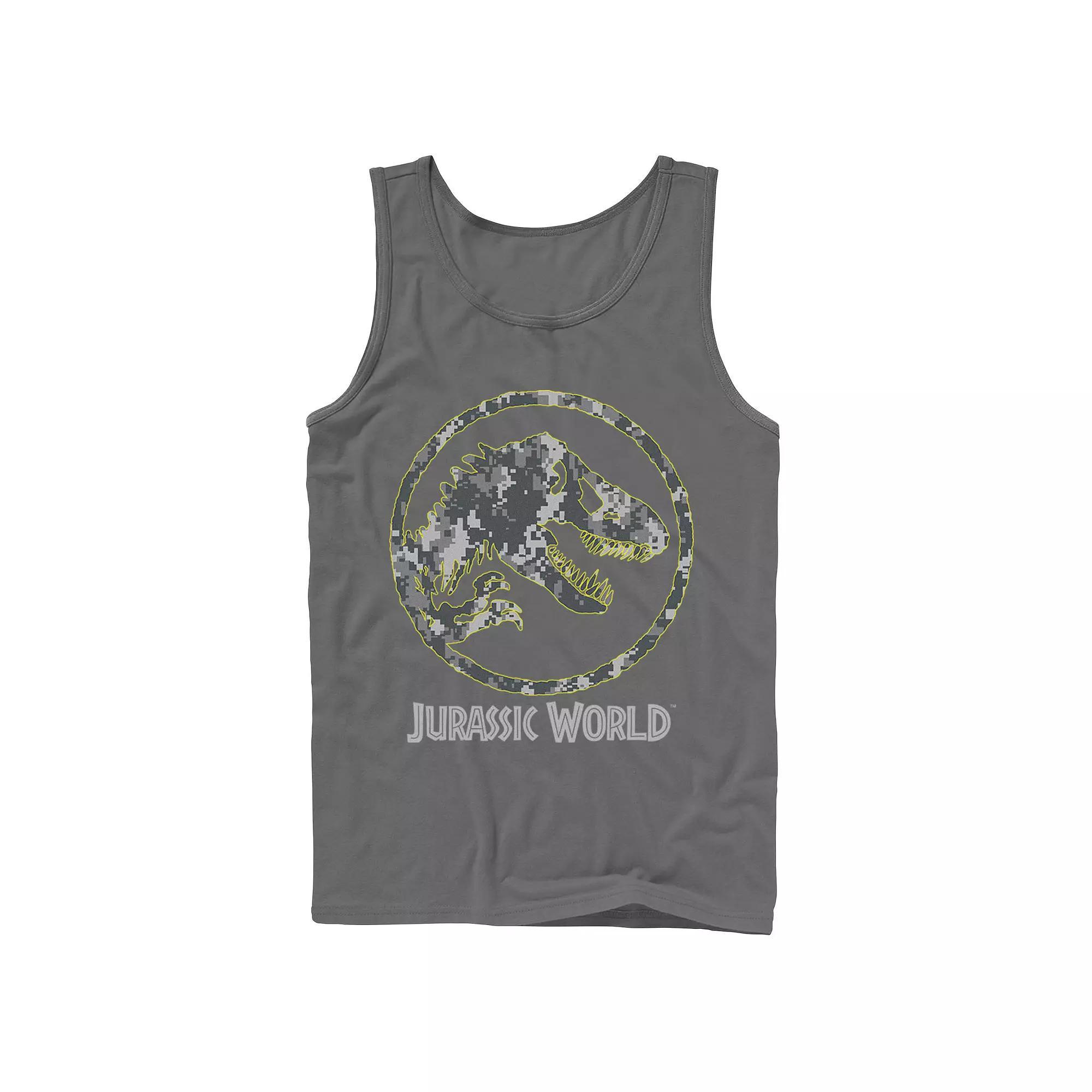Men's Jurassic World Camouflage Yellow Outline Fossil Coin Logo Tank Top, Size: Large, White Product Image