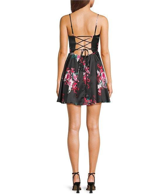 B. Darlin Floral Print Pleated Bustier Lace Up Back Skater Dress Product Image