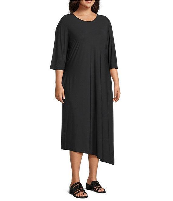 Bryn Walker Plus Size Sydney Microfiber Jersey Round Neck Elbow Sleeve Asymmetrical Hem Dress Product Image