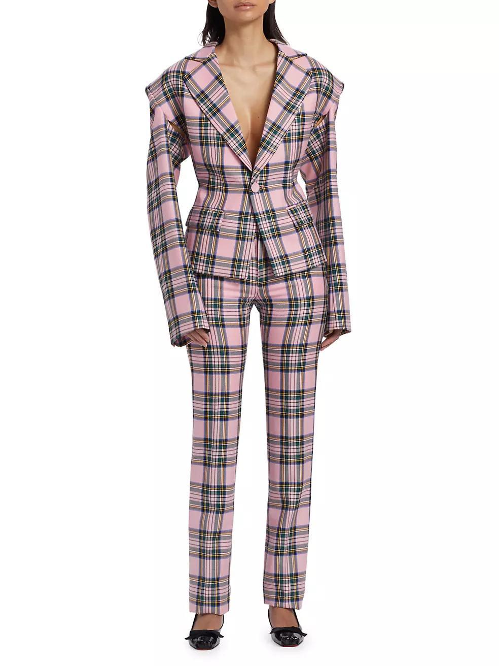 Heart-Accented Plaid Wool Cut-Out Blazer Product Image