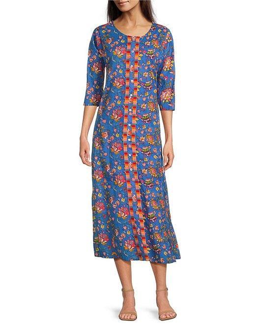 Ro's Garden Blair Woven Floral Print Scoop Neck Bracelet Sleeve Button Front Dress Product Image