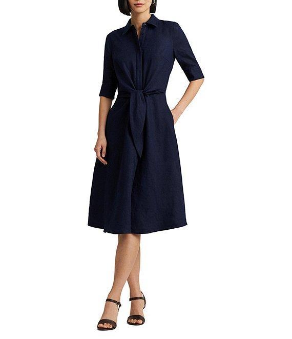 Lauren Ralph Lauren Linen Point Collar Elbow Sleeve Button Front Self Tie Fit-And-Flare Shirt Dress Product Image