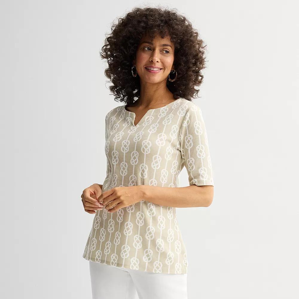 Women's Croft & Barrow® Elbow-Sleeve Splitneck Top, Size: Medium, Pink Tidy Stripe Product Image