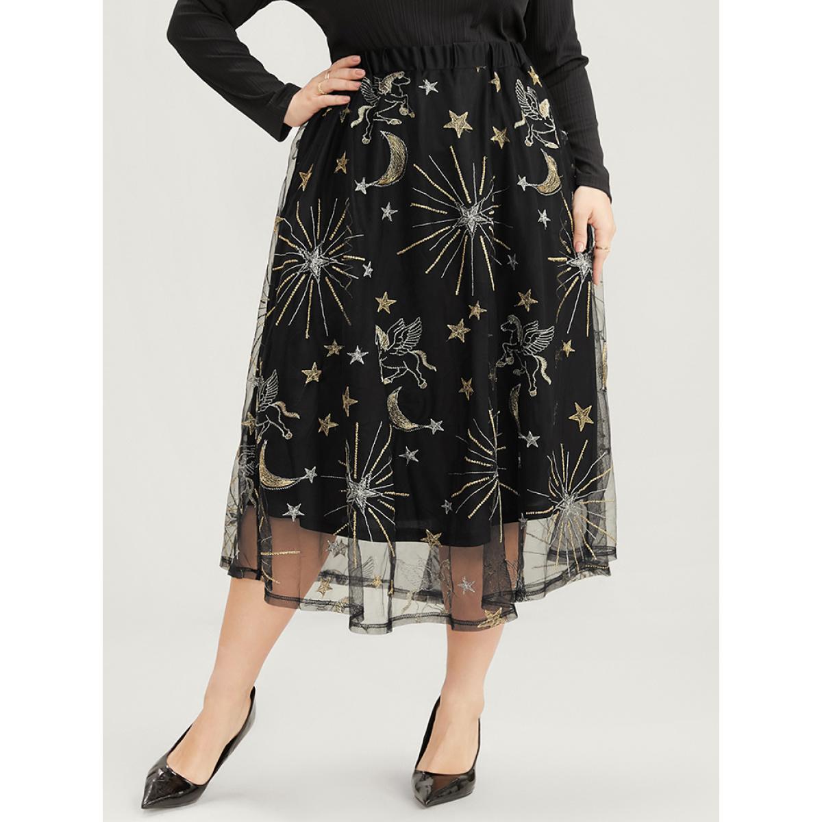 Plus Size Moon And Star Embroidered Mesh Elastic Waist Skirt Women Black Glamour Embroidered No stretch Going out Skirts BloomChic 26/4X Product Image
