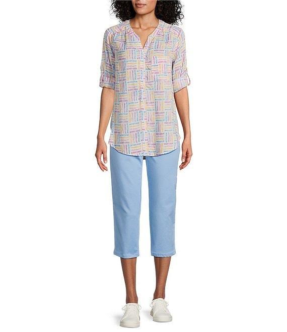Intro Petite Size Woven Orchid Bouquet Split V-Neck 3/4 Roll-Tab Sleeve Button Front Shirt Product Image
