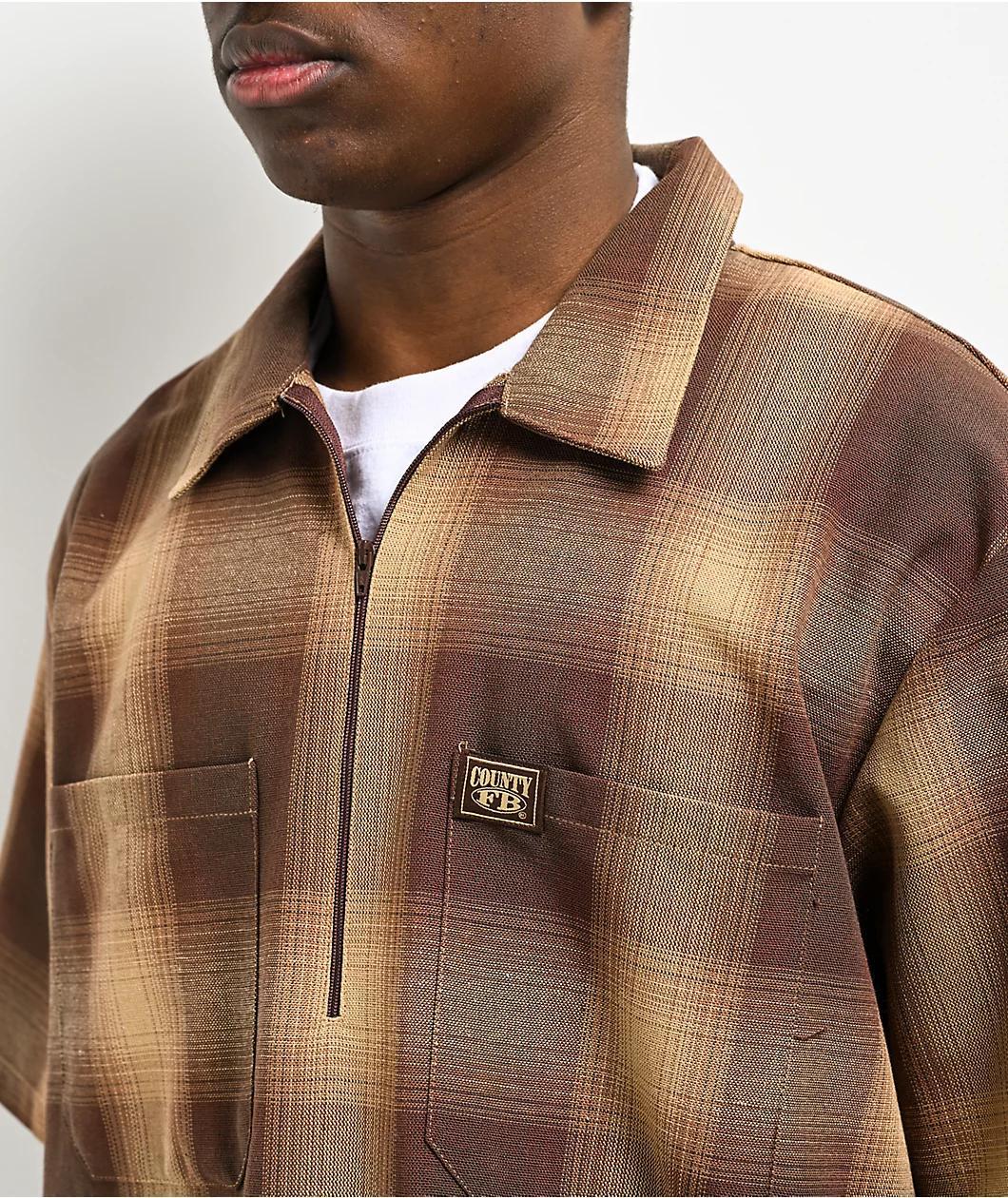 FB County Brown Checker Zip Short Sleeve Shirt Product Image