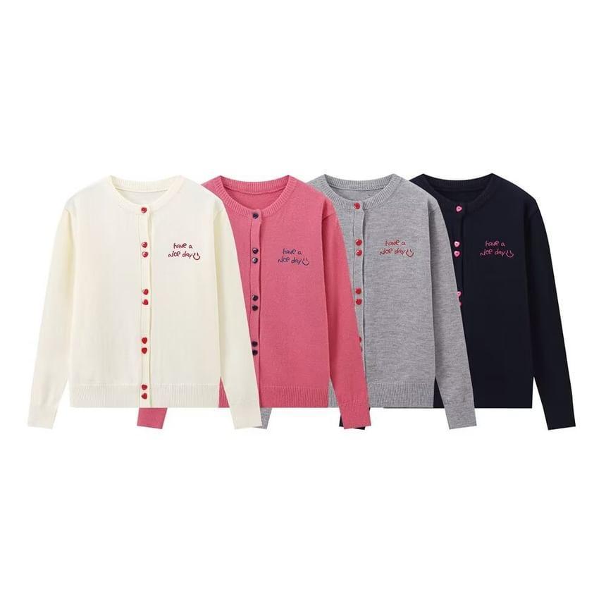 Round Neck Lettering Embroidered Heart Button Cardigan Product Image