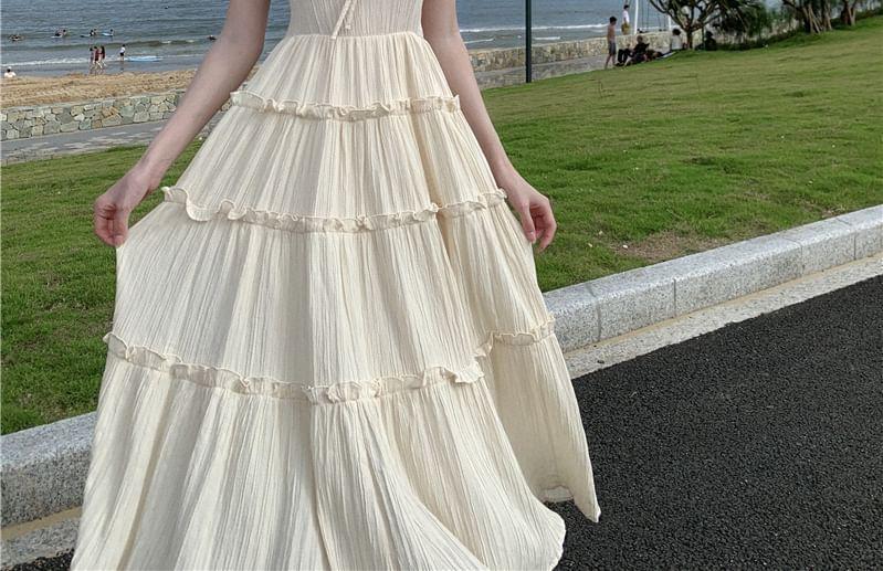 Cold-Shoulder Plain Ruffled Midi Sundress Product Image