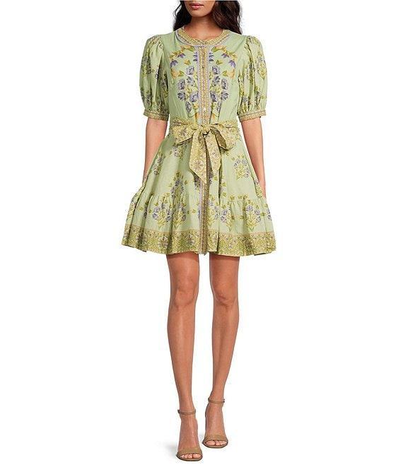 A Loves A Floral Woven Linen Round Neck Short Bubble Sleeve Button Front Tie at Waist A-Line Flounce Mini Dress Product Image