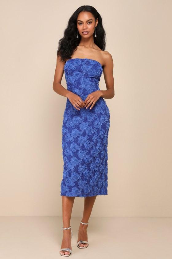 Flawless Perfection Blue Floral Applique Strapless Midi Dress Product Image