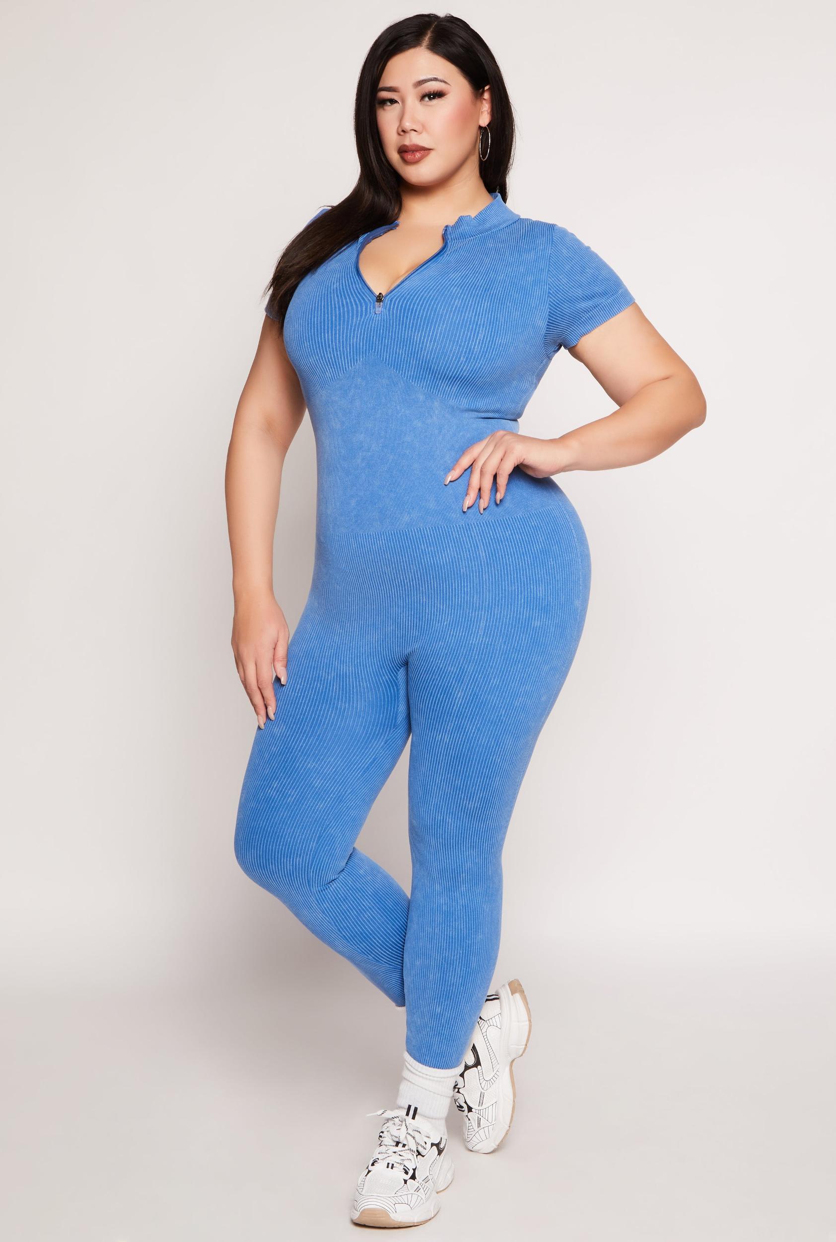 Womens Plus Size Ribbed Knit Zip Neck Catsuit Product Image