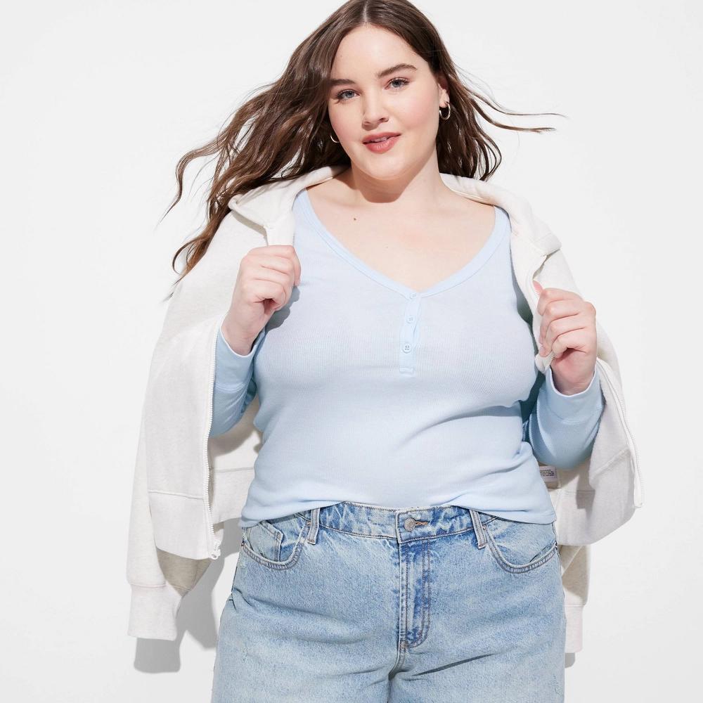 Womens Long Sleeve Henley T-Shirt - Wild Fable Light Blue 4X: Lightweight, Pullover, Plus Size Product Image