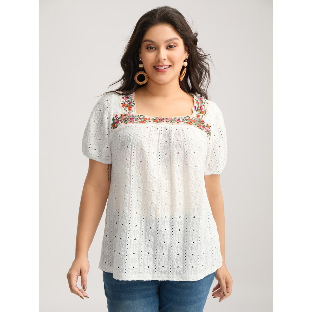 Plus Size Eyelet Trim Floral Embroidered Solid T-Shirt Opticwhite Women Woven ribbon&lace trim Square Neck Everyday-Elegant T-shirts BloomChic 14-16/1X Product Image
